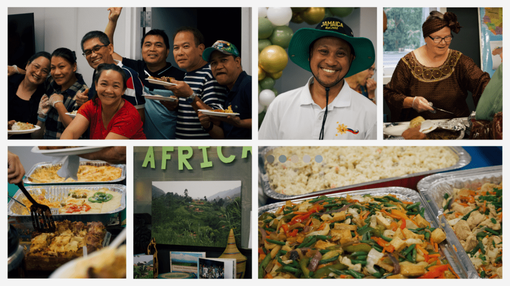 Collage of photos from Taste of the World Event. People from different cultures smiling and serving food. Group photo smiling. Display of African culture on a table.